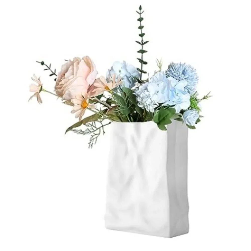 Crinkle Paper-Bag Shaped Ceramic Vase  (Matte White)